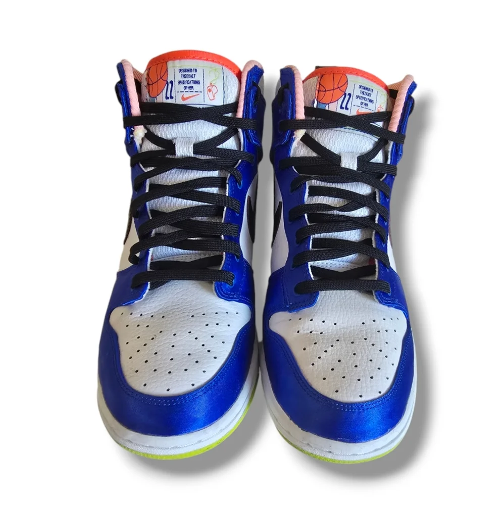 NIKE Women's Dunk High Blue Satin & Leather Sneakers - Picture 2 of 16
